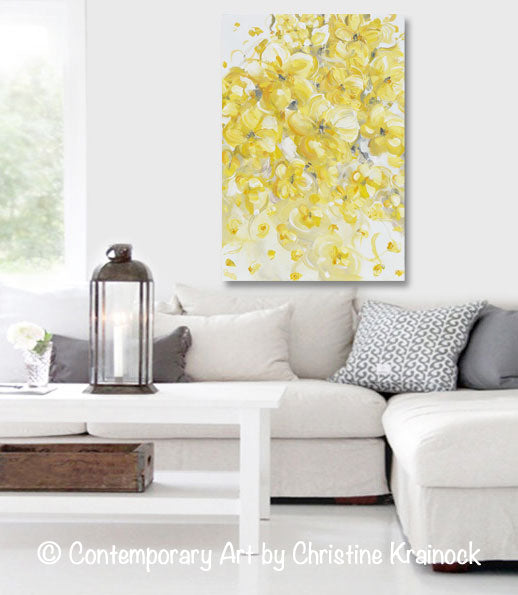 ORIGINAL Art Yellow Grey Abstract Painting Modern Floral Gold White Flowers Home Wall Decor 24x36""