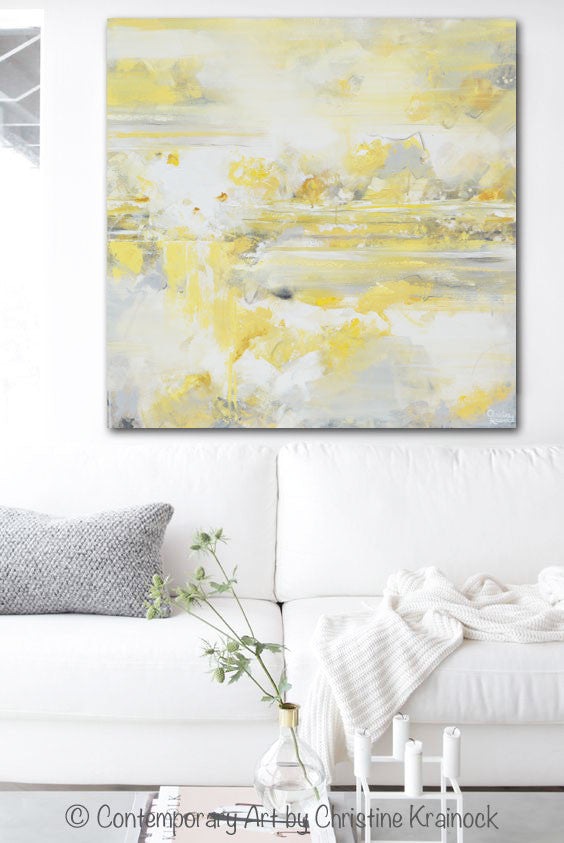 GICLEE PRINT Art Yellow Grey Abstract Painting Modern Coastal Canvas Art White Gold Wall Decor