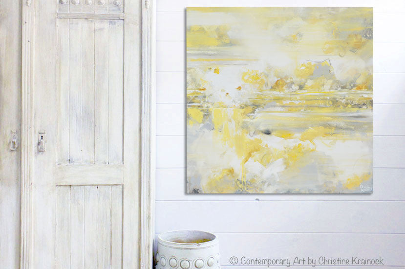 ORIGINAL Art Yellow Grey Abstract Painting Modern Coastal White Gold Neutral Wall Decor 36x36"