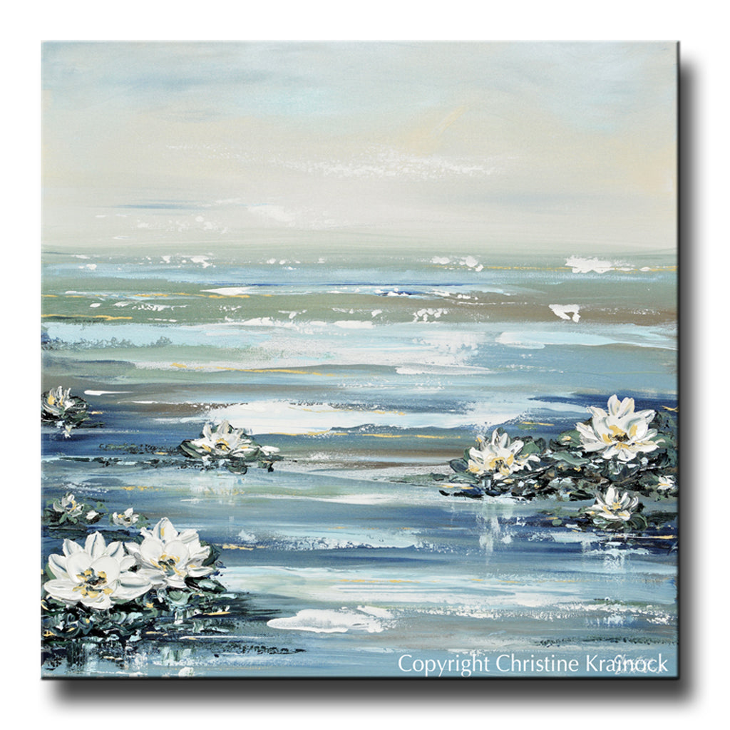 CUSTOM for LYNNETTE ORIGINAL Art Abstract Water Lily Painting Textured Coastal Lotus Flowers Diptych 2 - 36x36"