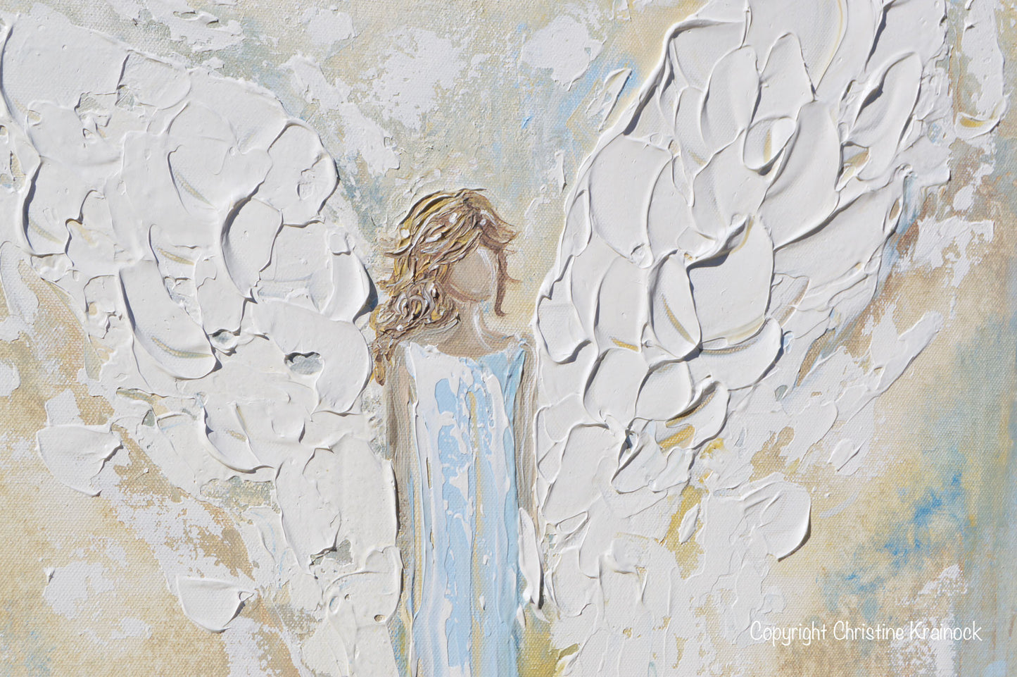 Load image into Gallery viewer, ORIGINAL Angel Painting Abstract Guardian Angel Wings Textured Blue Gold Modern Home Wall Art - Christine Krainock Art - Contemporary Art by Christine - 5
