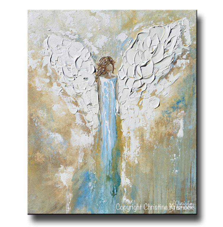 Load image into Gallery viewer, ORIGINAL Angel Painting Abstract Guardian Angel Wings Textured Blue Gold Modern Home Wall Art - Christine Krainock Art - Contemporary Art by Christine - 3
