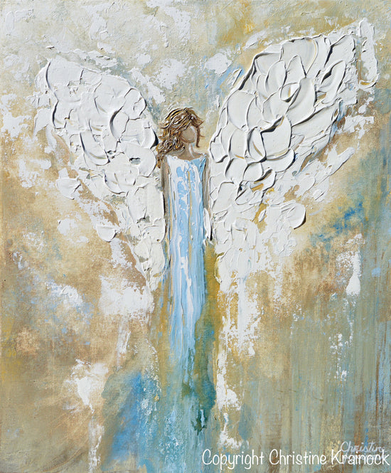 ORIGINAL Angel Painting Abstract Guardian Angel Wings Textured Blue Gold Modern Home Wall Art - Christine Krainock Art - Contemporary Art by Christine - 6