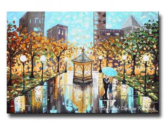 Load image into Gallery viewer, GICLEE PRINT Art Abstract Painting Couple Blue Umbrella City Park Canvas Prints sizes to 60&amp;quot; - Christine Krainock Art - Contemporary Art by Christine - 1
