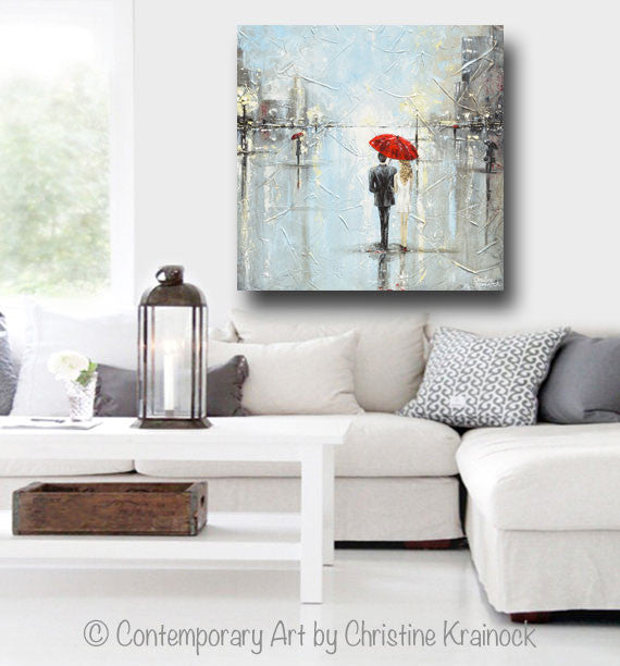 Load image into Gallery viewer, GICLEE PRINT Art Abstract Painting Couple Red Umbrella Girl White Grey Blue City Rain Modern Canvas Print - Christine Krainock Art - Contemporary Art by Christine - 2

