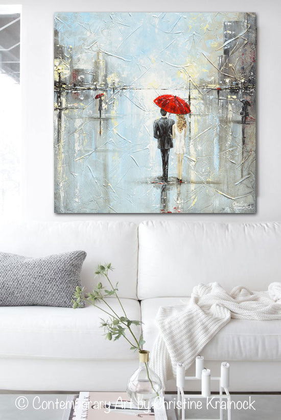 GICLEE PRINT Art Abstract Painting Couple Red Umbrella Girl White Grey Blue City Rain Modern Canvas Print - Christine Krainock Art - Contemporary Art by Christine - 4