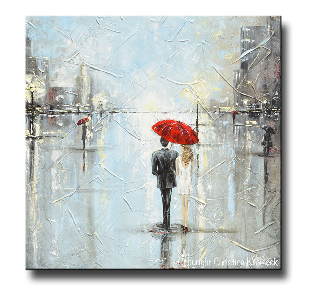 Load image into Gallery viewer, GICLEE PRINT Art Abstract Painting Couple Red Umbrella Girl White Grey Blue City Rain Modern Canvas Print - Christine Krainock Art - Contemporary Art by Christine - 3
