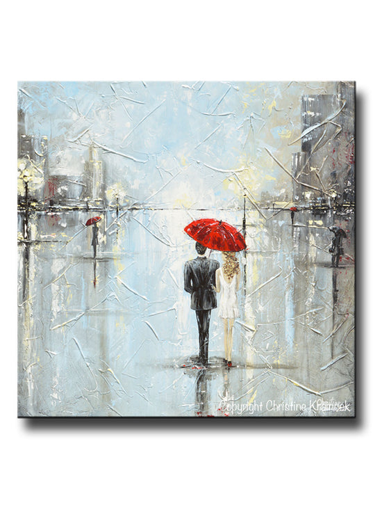 GICLEE PRINT Art Abstract Painting Couple Red Umbrella Girl White Grey Blue City Rain Modern Canvas Print - Christine Krainock Art - Contemporary Art by Christine - 1