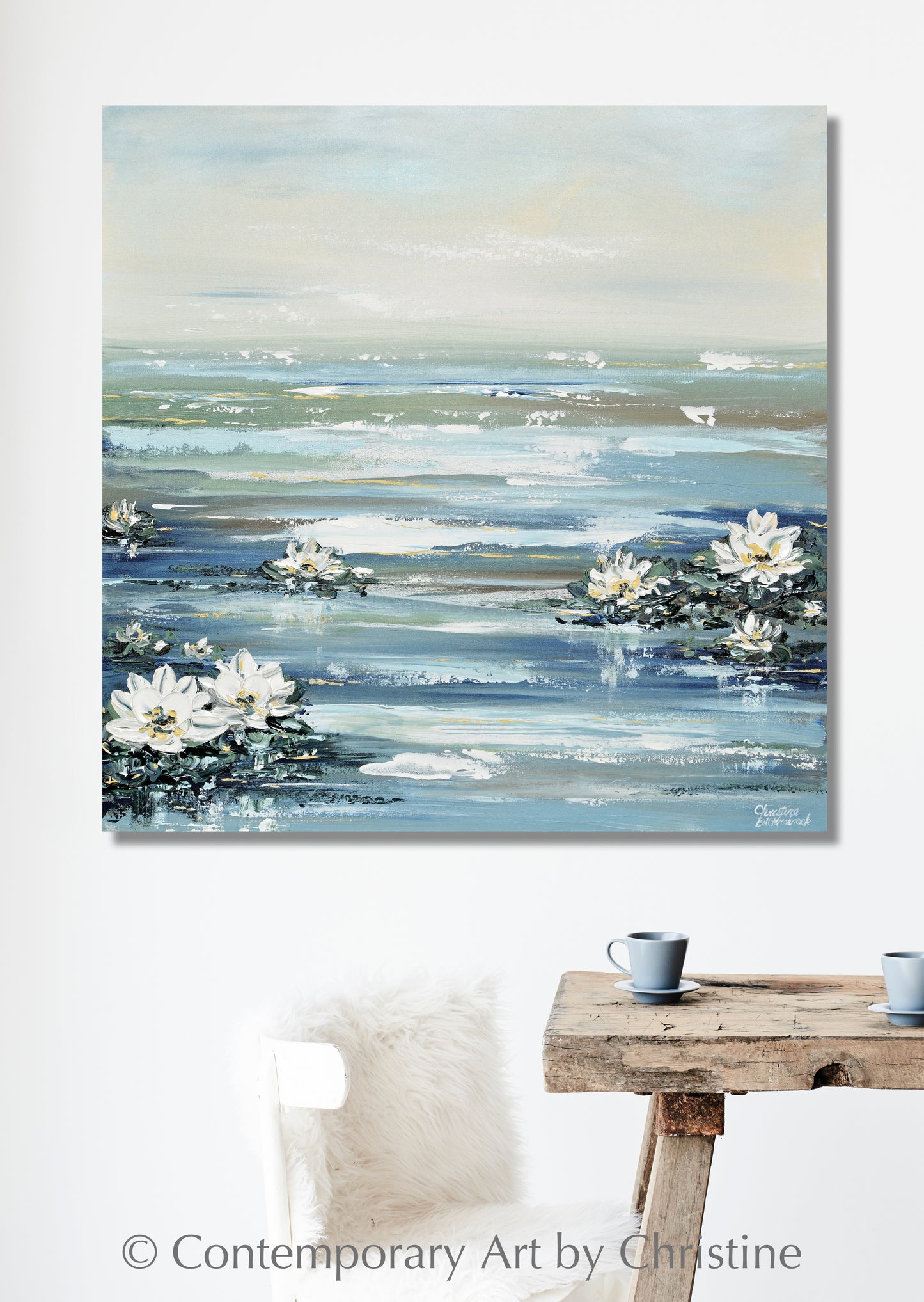 CUSTOM for LYNNETTE ORIGINAL Art Abstract Water Lily Painting Textured Coastal Lotus Flowers Diptych 2 - 36x36"