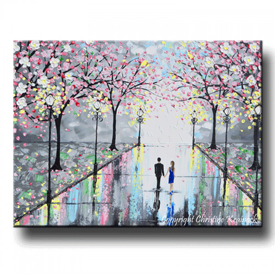 Load image into Gallery viewer, GICLEE PRINT Art Abstract Painting Couple Pink Cherry Trees Blossoms Romantic Canvas Prints Grey - Christine Krainock Art - Contemporary Art by Christine - 1
