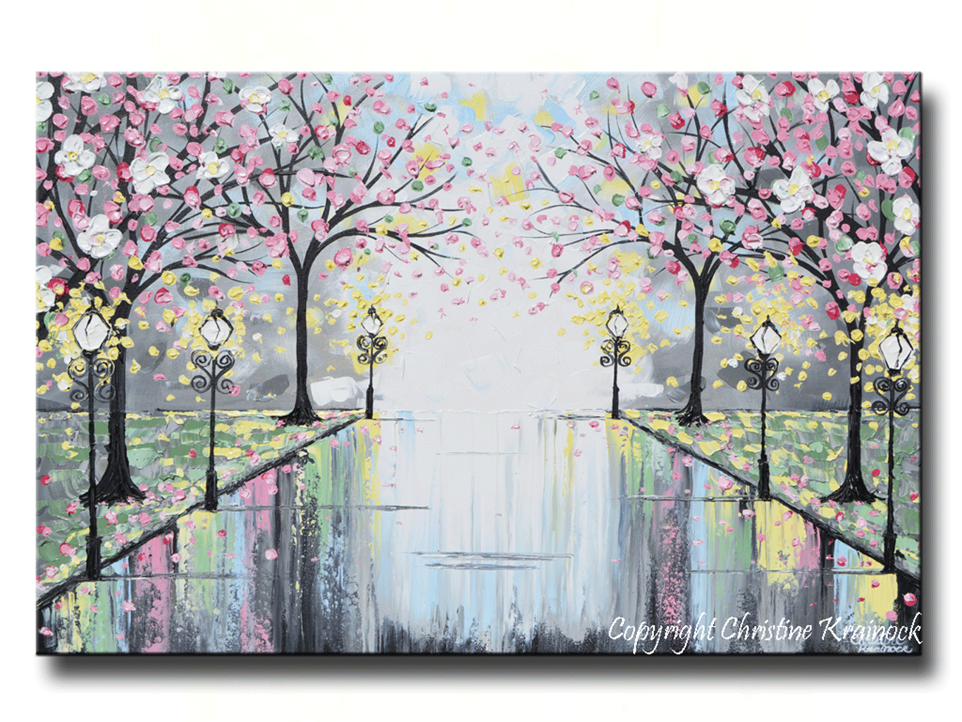 GICLEE PRINT Art Abstract Painting Pink Blossoming Cherry Trees Park Flowers Canvas Prints Grey Decor - Christine Krainock Art - Contemporary Art by Christine - 1