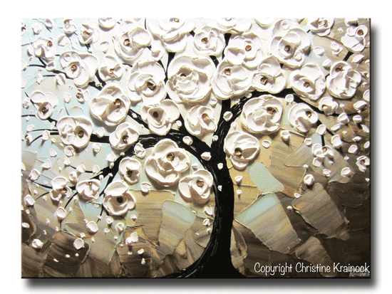 ORIGINAL Art Abstract Painting White Flowering Cherry Tree Blossoms Textured Blue Grey Taupe Canvas - Christine Krainock Art - Contemporary Art by Christine - 3