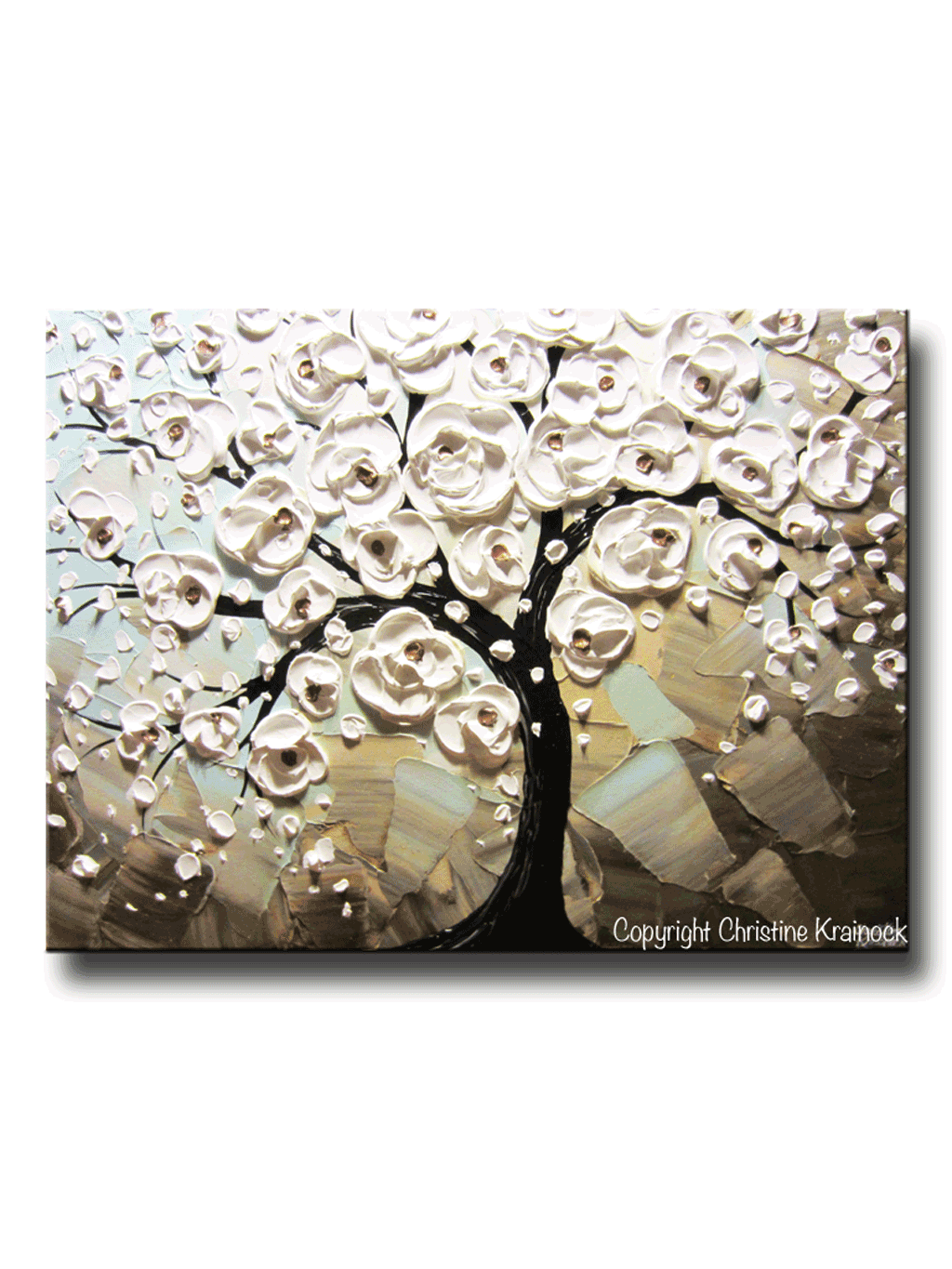 ORIGINAL Art Abstract Painting White Flowering Cherry Tree Blossoms Textured Blue Grey Taupe Canvas - Christine Krainock Art - Contemporary Art by Christine - 1
