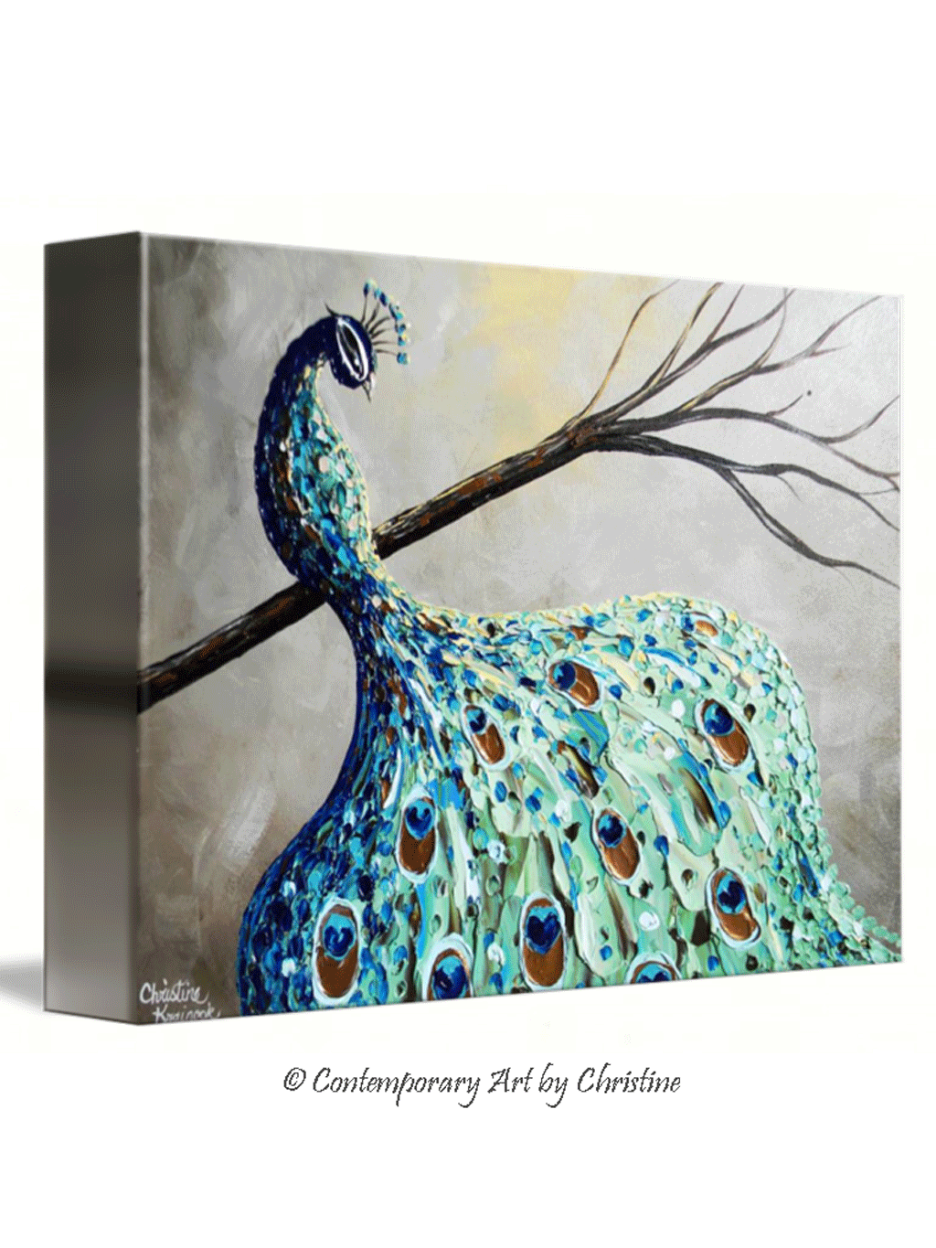 GICLEE PRINT Art Abstract Peacock Painting Modern Canvas Prints Blue Green Grey Brown Gold Bird - Christine Krainock Art - Contemporary Art by Christine - 5