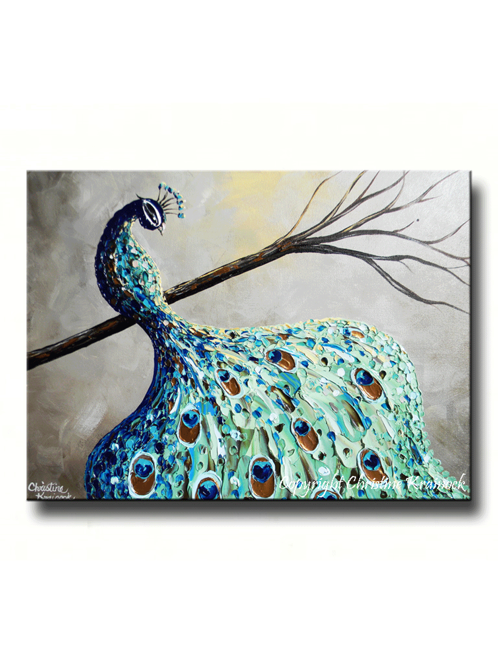 GICLEE PRINT Art Abstract Peacock Painting Modern Canvas Prints Blue Green Grey Brown Gold Bird - Christine Krainock Art - Contemporary Art by Christine - 1