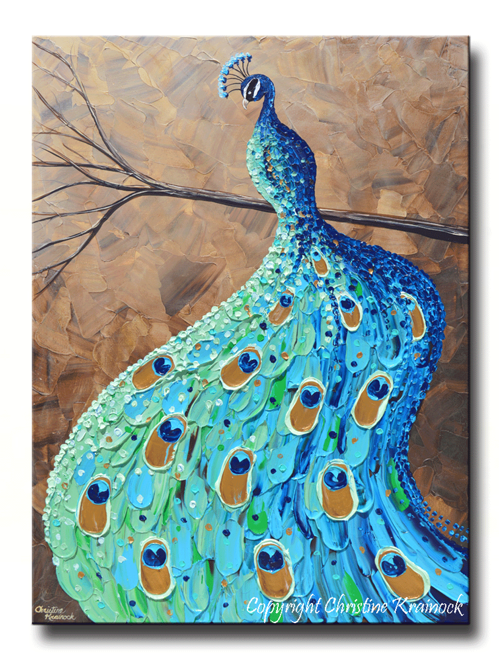 GICLEE PRINT Art Abstract Peacock Painting Modern Blue Canvas Prints Aqua Teal Brown Green Artwork - Christine Krainock Art - Contemporary Art by Christine - 1