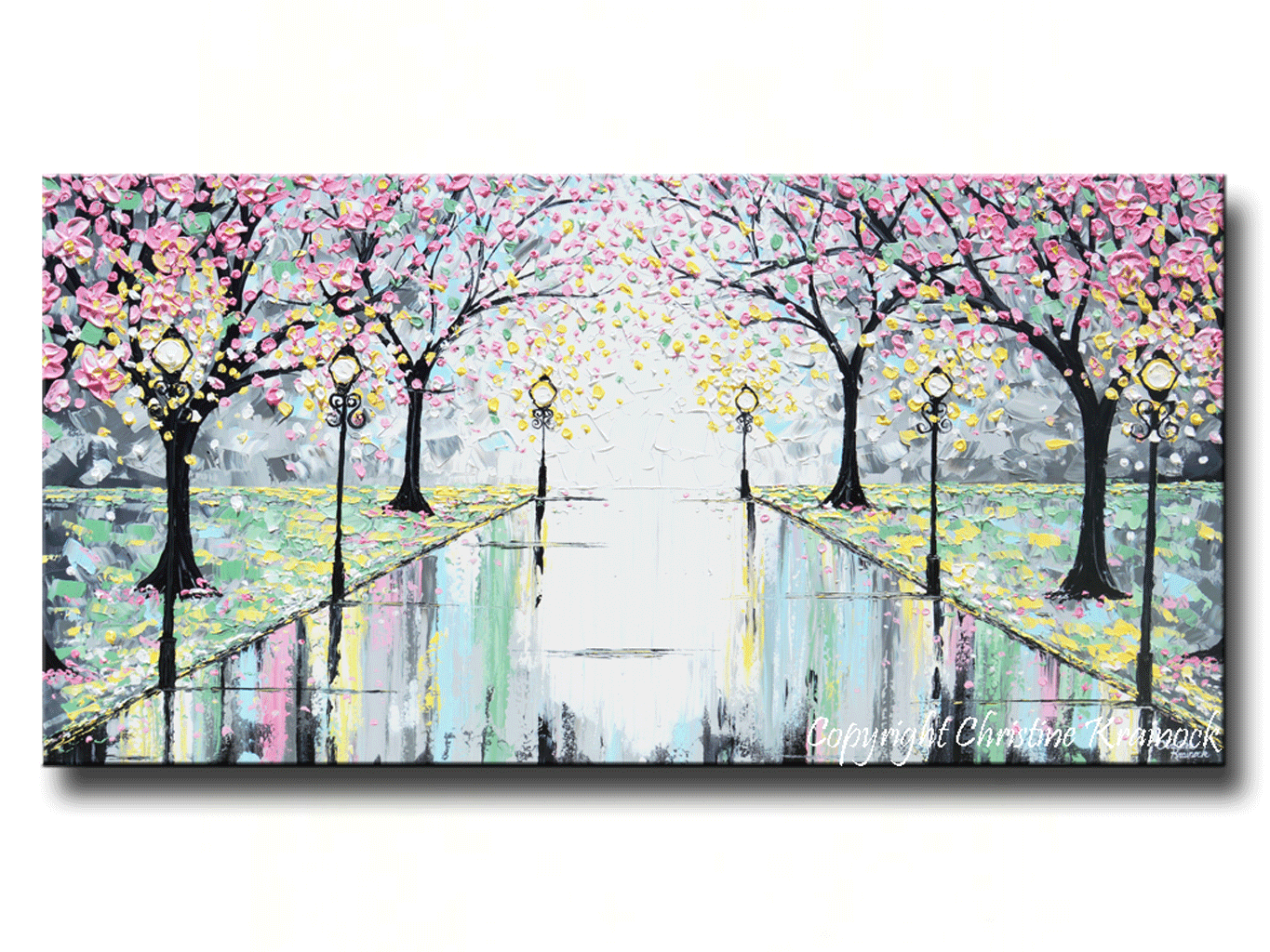 Load image into Gallery viewer, GICLEE PRINT Abstract Art Painting Pink Cherry Trees Canvas Prints Grey Yellow White-sizes up to 60&amp;quot; - Christine Krainock Art - Contemporary Art by Christine - 1
