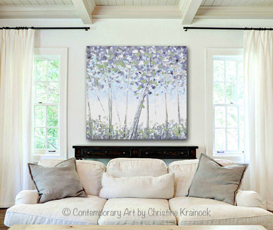 ORIGINAL Art Abstract Trees Painting Modern Textured Birch White Blue Grey Lavender Green Wall Art - Christine Krainock Art - Contemporary Art by Christine - 4
