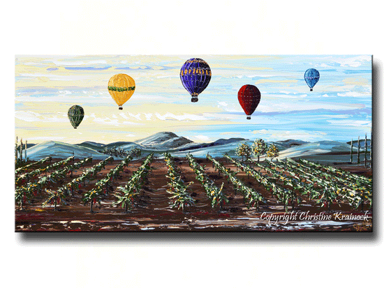 Load image into Gallery viewer, ORIGINAL Art Abstract Vineyard Painting Hot Air Balloons Wine Vineyards Modern Textured Landscape - Christine Krainock Art - Contemporary Art by Christine - 5
