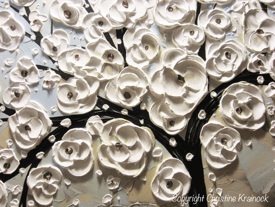 ORIGINAL Art Abstract Painting White Flowering Cherry Tree Blossoms Textured Trees Blue Grey Taupe - Christine Krainock Art - Contemporary Art by Christine - 5