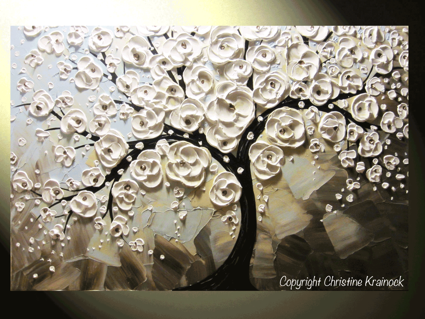 ORIGINAL Art Abstract Painting White Flowering Cherry Tree Blossoms Textured Trees Blue Grey Taupe - Christine Krainock Art - Contemporary Art by Christine - 6