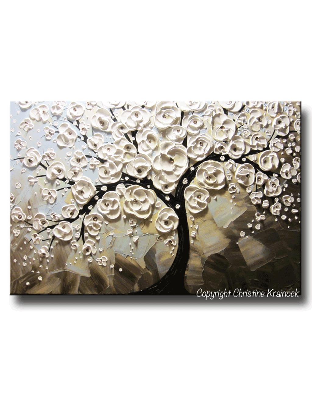 ORIGINAL Art Abstract Painting White Flowering Cherry Tree Blossoms Textured Trees Blue Grey Taupe - Christine Krainock Art - Contemporary Art by Christine - 1