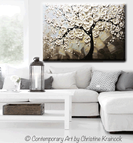 ORIGINAL Art Abstract Painting White Flowering Cherry Tree Blossoms Textured Trees Blue Grey Taupe - Christine Krainock Art - Contemporary Art by Christine - 2