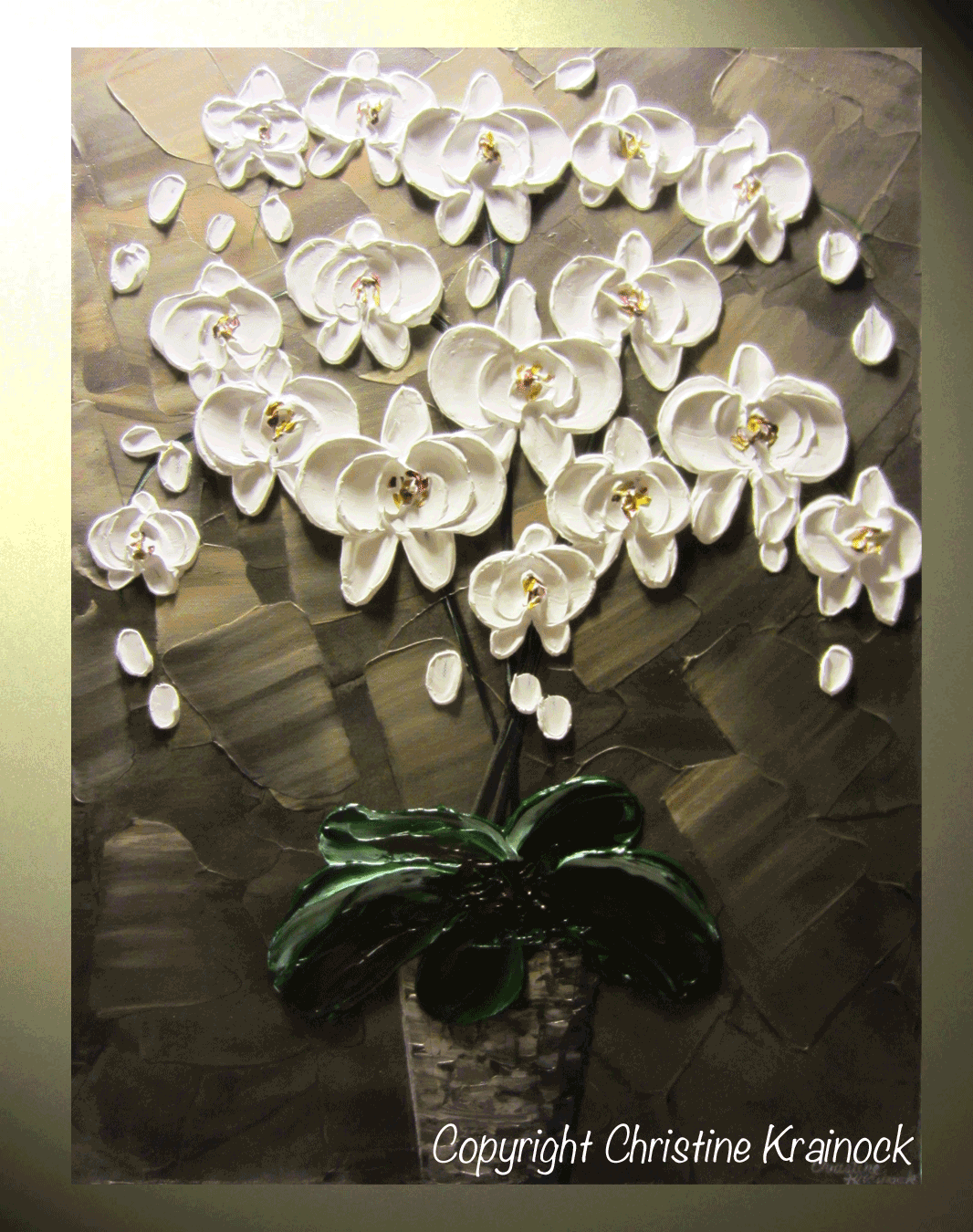 Load image into Gallery viewer, ORIGINAL Art Abstract Painting Orchids White Flowers Textured Modern Brown Grey Taupe Green Floral - Christine Krainock Art - Contemporary Art by Christine - 5
