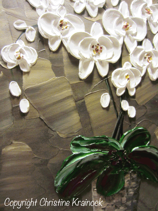 ORIGINAL Art Abstract Painting Orchids White Flowers Textured Modern Brown Grey Taupe Green Floral - Christine Krainock Art - Contemporary Art by Christine - 3