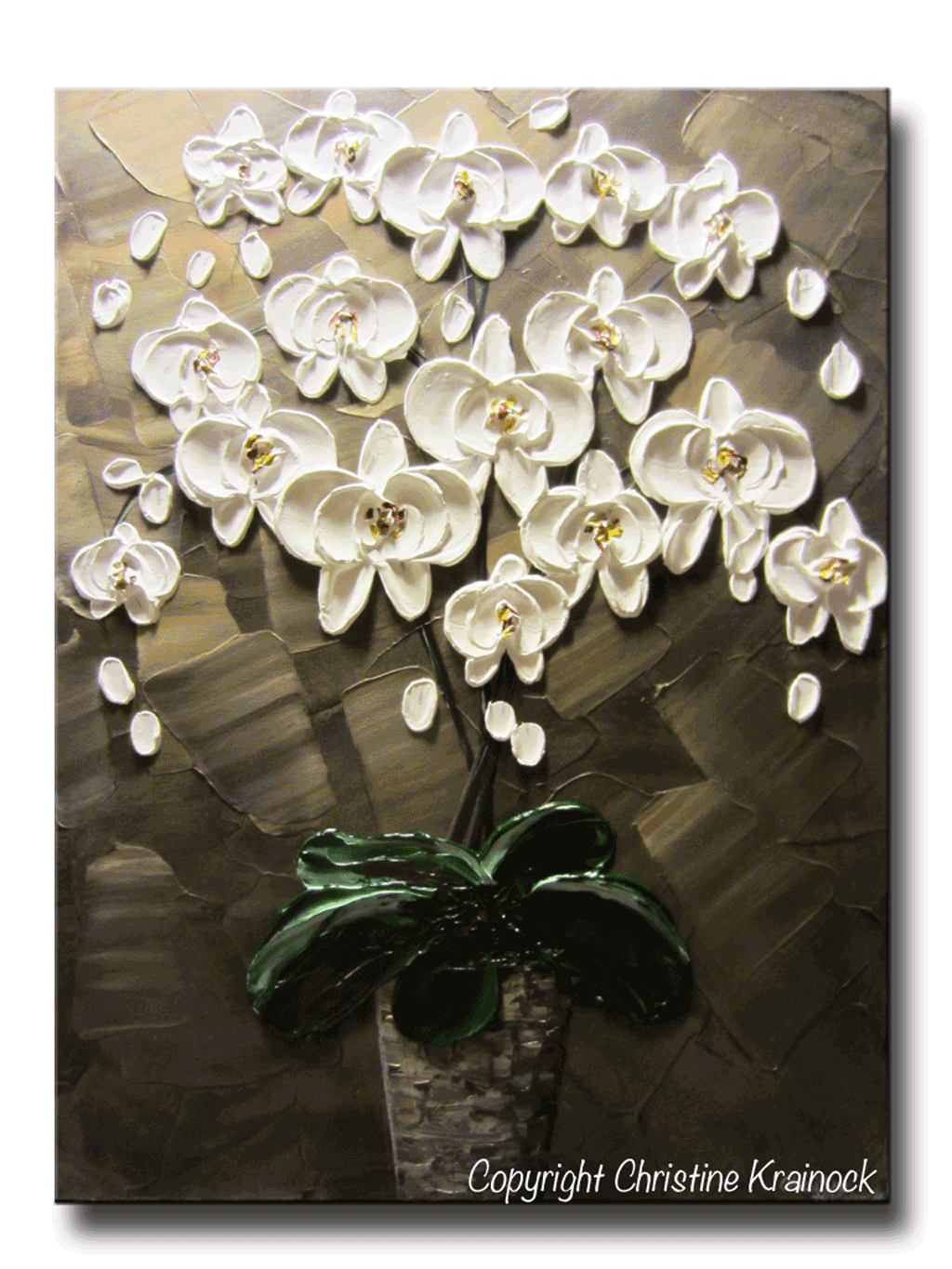 ORIGINAL Art Abstract Painting Orchids White Flowers Textured Modern Brown Grey Taupe Green Floral - Christine Krainock Art - Contemporary Art by Christine - 1