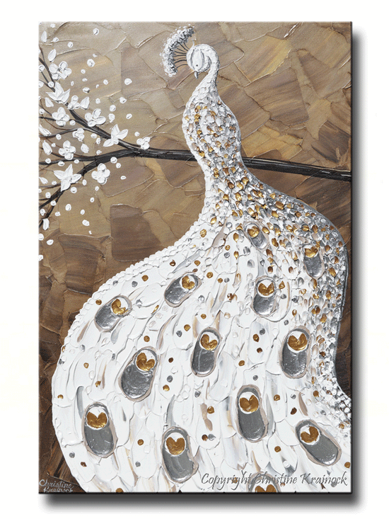 GICLEE PRINT Art White Peacock Painting Abstract Large Canvas Prints Blossoms Brown Silver Gold - Christine Krainock Art - Contemporary Art by Christine - 1