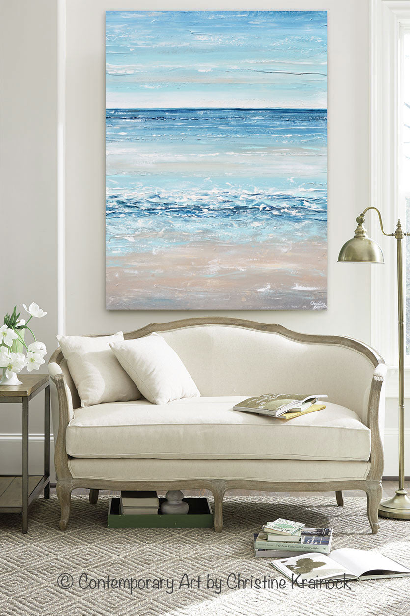 ORIGINAL Art Abstract Painting Textured Seascape Beach Ocean Blue White Grey Beige LARGE Vertical Canvas Coastal Wall Art Decor 36x48"