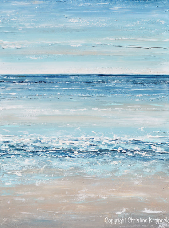 ORIGINAL Art Abstract Painting Textured Seascape Beach Ocean Blue White Grey Beige LARGE Vertical Canvas Coastal Wall Art Decor 36x48"