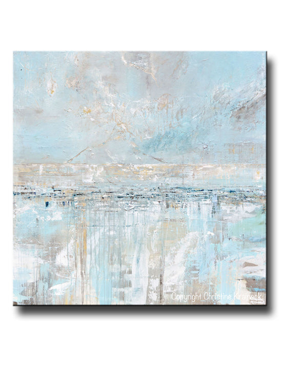 CUSTOM FOR SUSAN Original Art Abstract Painting Textured Canvas Coastal Landscape Horizon Home Decor Light Blue Grey White 48x24"