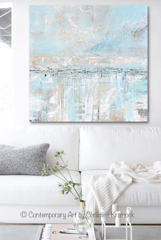 CUSTOM FOR MOIRA Original Art Abstract Painting Textured Canvas Coastal Landscape Horizon Home Decor Light Blue Grey White X LARGE Triptych Canvases