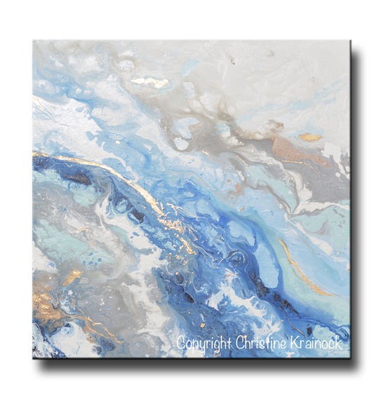 Load image into Gallery viewer, ORIGINAL Art Modern Blue White Abstract Painting Marbled Blue Grey Gold Leaf Coastal Decor Wall Art - Christine Krainock Art - Contemporary Art by Christine - 3

