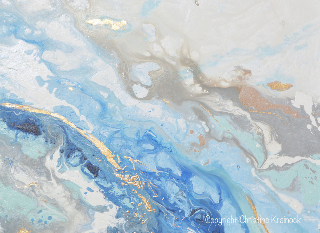 ORIGINAL Art Modern Blue White Abstract Painting Marbled Gold Leaf Gre ...