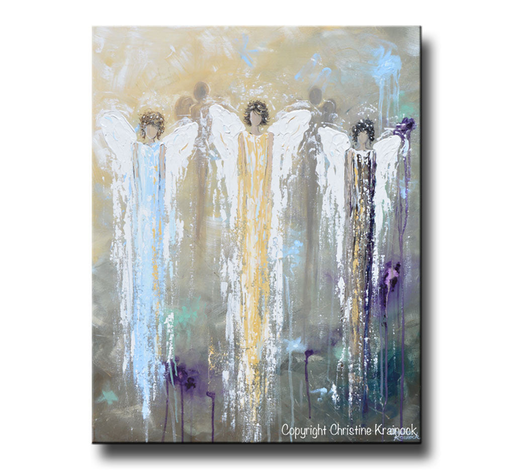 Load image into Gallery viewer, ORIGINAL Abstract Angel Painting White Blue Gold 3 Guardian Angels Art Textured Spiritual Wall Art - Christine Krainock Art - Contemporary Art by Christine - 3
