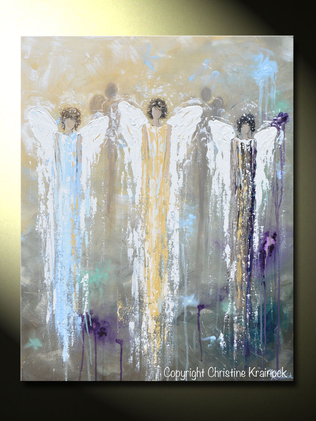Load image into Gallery viewer, ORIGINAL Abstract Angel Painting White Blue Gold 3 Guardian Angels Art Textured Spiritual Wall Art - Christine Krainock Art - Contemporary Art by Christine - 5
