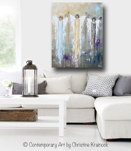 Load image into Gallery viewer, ORIGINAL Abstract Angel Painting White Blue Gold 3 Guardian Angels Art Textured Spiritual Wall Art - Christine Krainock Art - Contemporary Art by Christine - 2
