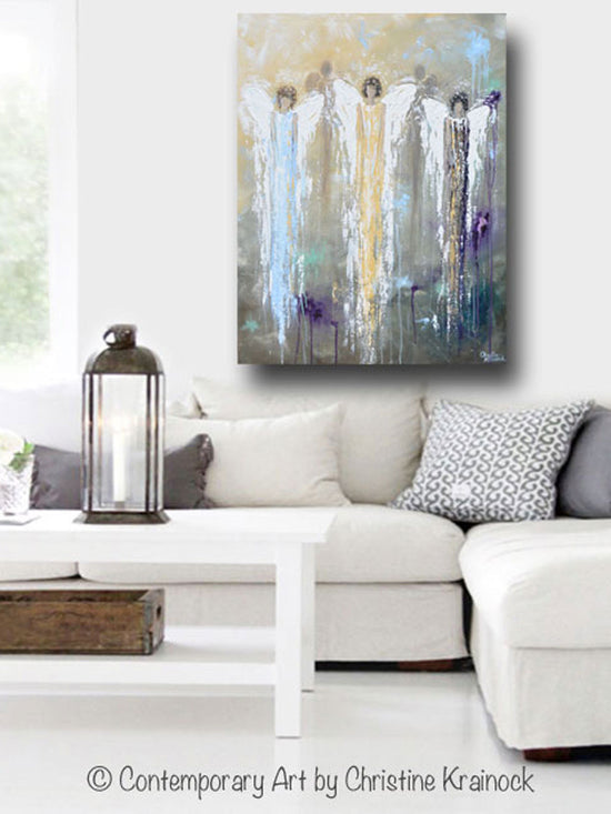 Load image into Gallery viewer, GICLEE PRINT Abstract Angel Painting 3 Guardian Angels Blue Gold Inspirational Spiritual Wall Art - Christine Krainock Art - Contemporary Art by Christine - 2
