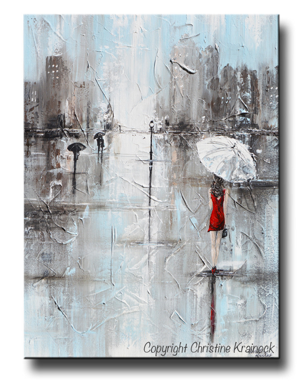 GICLEE PRINT Art Abstract Painting Girl White Umbrella Red Dress Grey Blue City Rain Canvas - Christine Krainock Art - Contemporary Art by Christine - 1