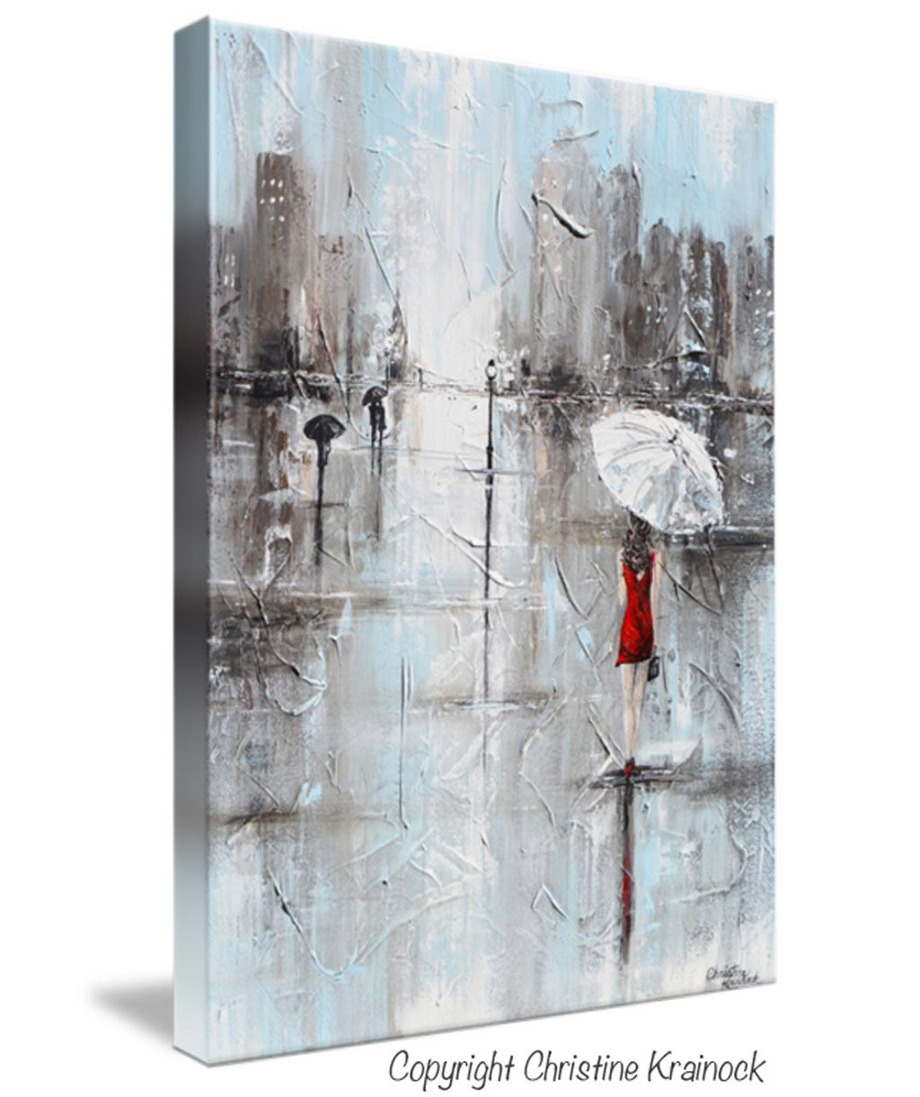 Load image into Gallery viewer, GICLEE PRINT Art Abstract Painting Girl White Umbrella Red Dress Grey Blue City Rain Canvas - Christine Krainock Art - Contemporary Art by Christine - 4
