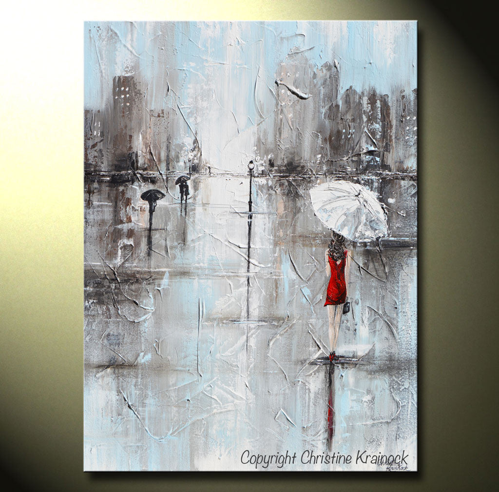 GICLEE PRINT Art Abstract Painting Girl White Umbrella Red Dress Grey Blue City Rain Canvas - Christine Krainock Art - Contemporary Art by Christine - 3