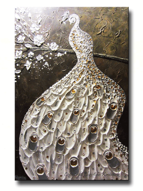 CUSTOM Abstract Peacock Painting White Silver Gold Textured Cherry Blossoms MADE TO ORDER - Christine Krainock Art - Contemporary Art by Christine - 1