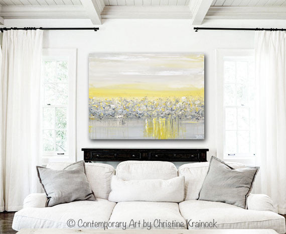 GICLEE PRINT Art Yellow Grey Abstract Painting Modern Coastal Horizon Gold White Canvas Wall Art