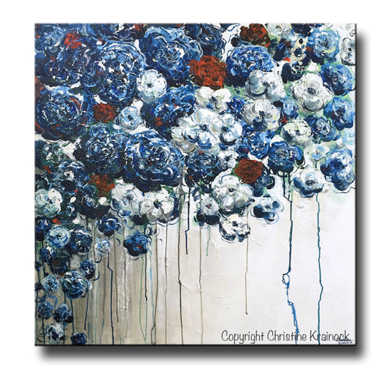 ORIGINAL Art Abstract Blue Flowers Painting Textured Red White Blue Navy Modern Coastal Wall Decor - Christine Krainock Art - Contemporary Art by Christine - 3