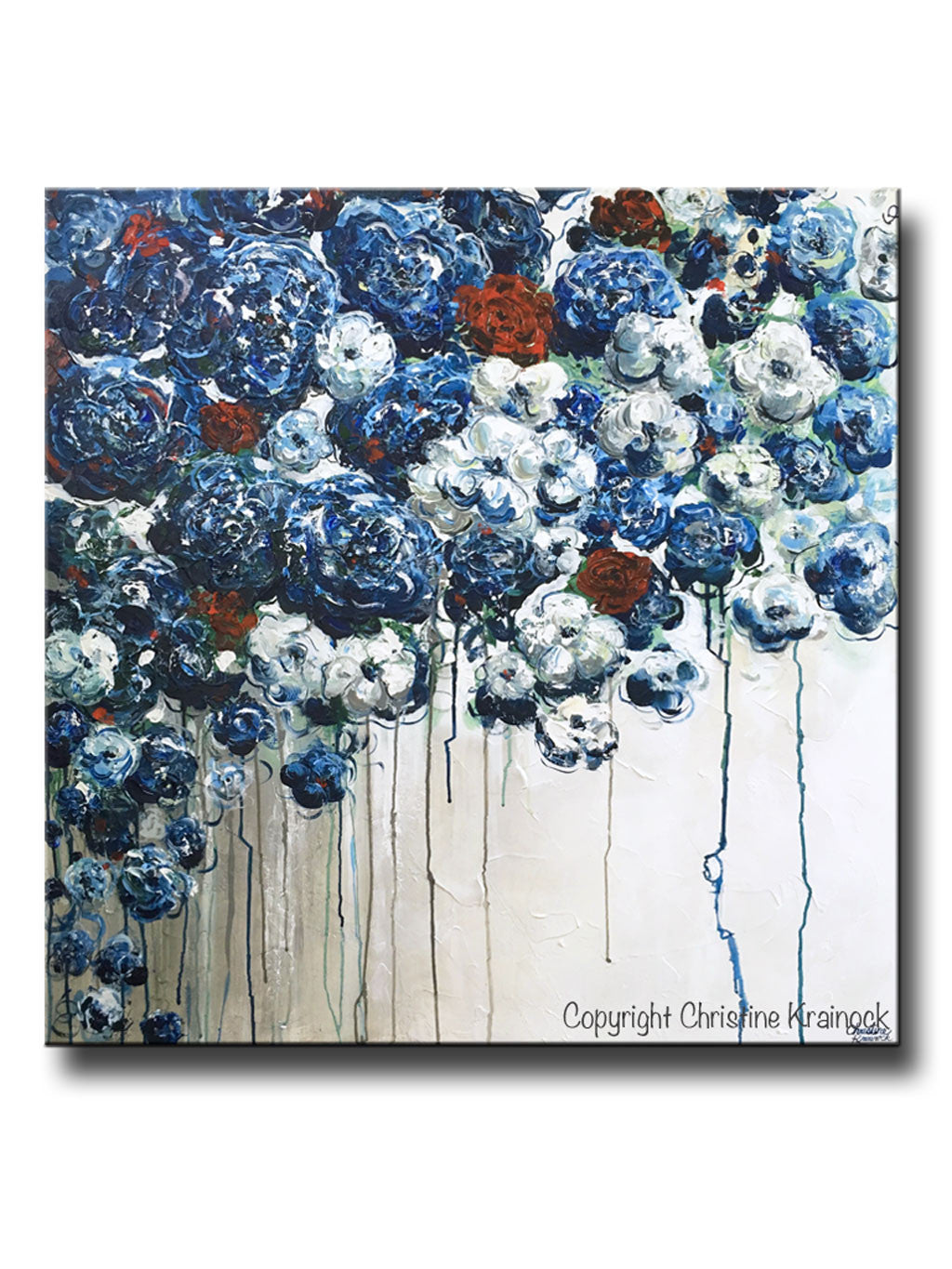 ORIGINAL Art Abstract Blue Flowers Painting Textured Red White Blue Navy Modern Coastal Wall Decor - Christine Krainock Art - Contemporary Art by Christine - 1