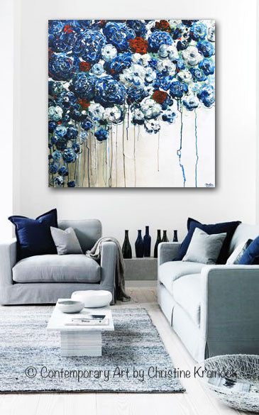 ORIGINAL Art Abstract Blue Flowers Painting Textured Red White Blue Navy Modern Coastal Wall Decor - Christine Krainock Art - Contemporary Art by Christine - 4