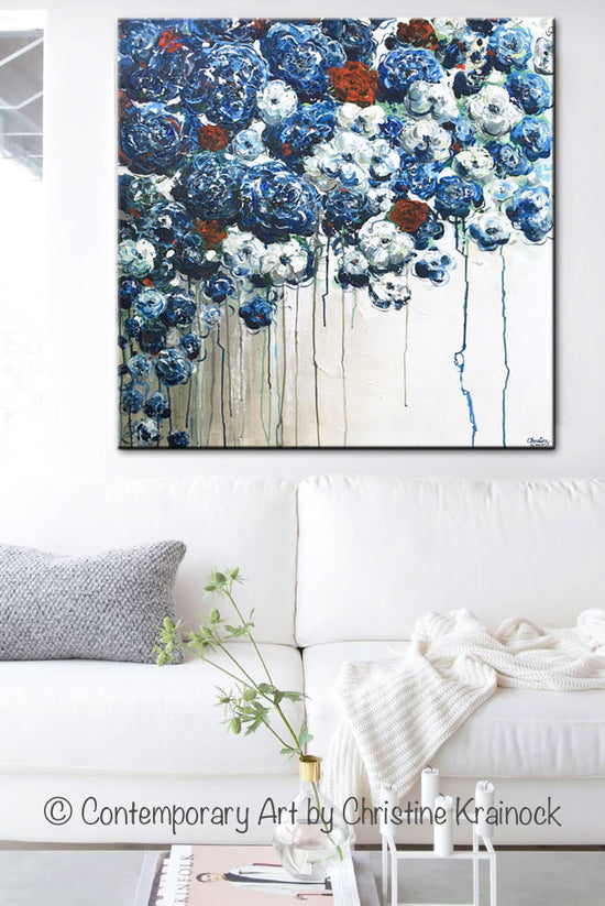 ORIGINAL Art Abstract Blue Flowers Painting Textured Red White Blue Navy Modern Coastal Wall Decor - Christine Krainock Art - Contemporary Art by Christine - 2